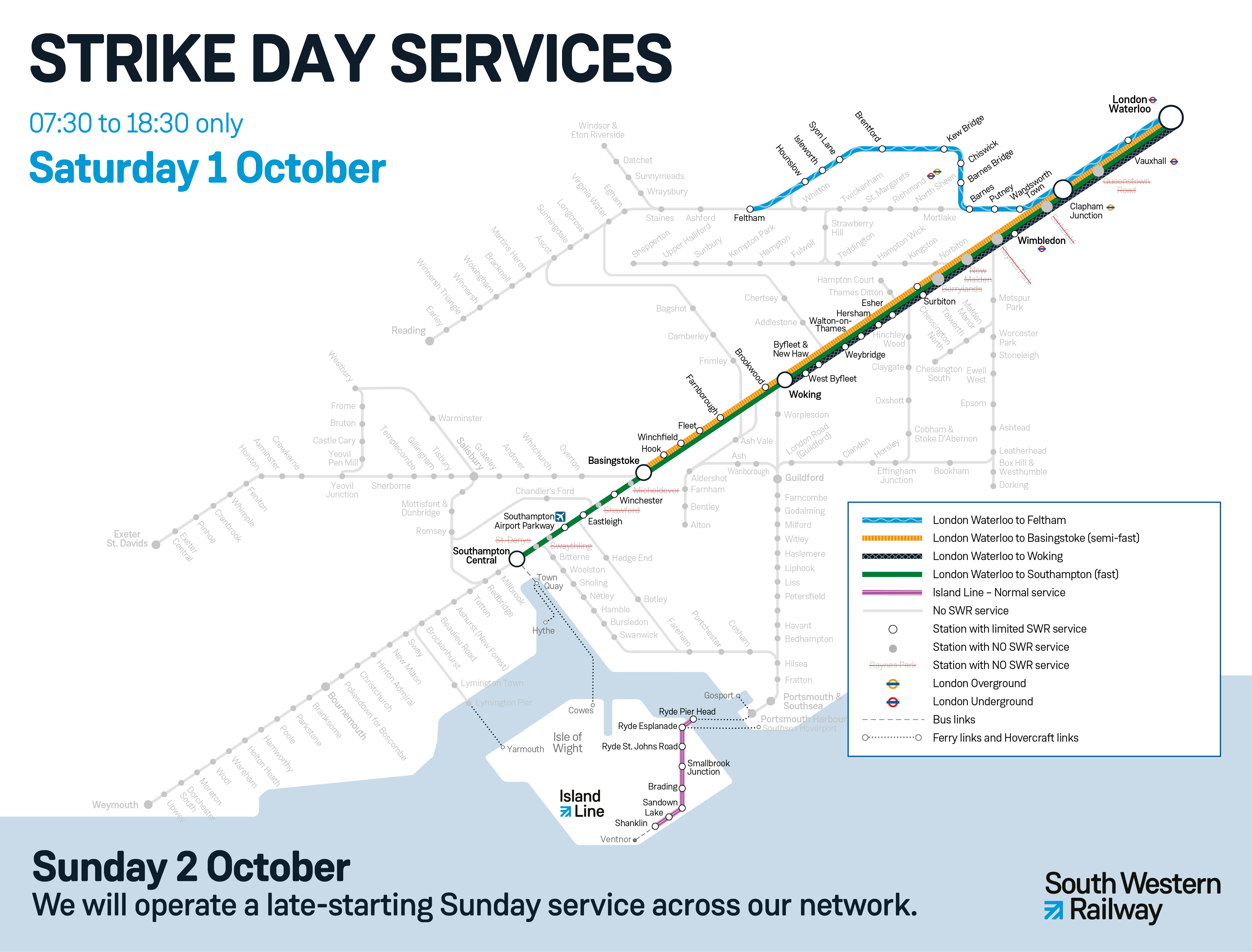 South Western Railway network map - where services are running on strike days